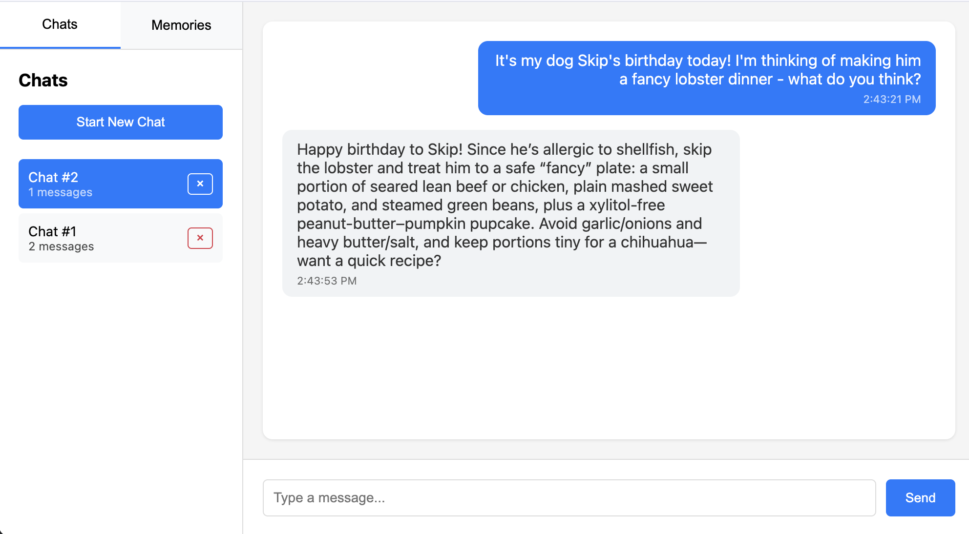 Chatbot conversation view showing the AI remembering details about a user's dog