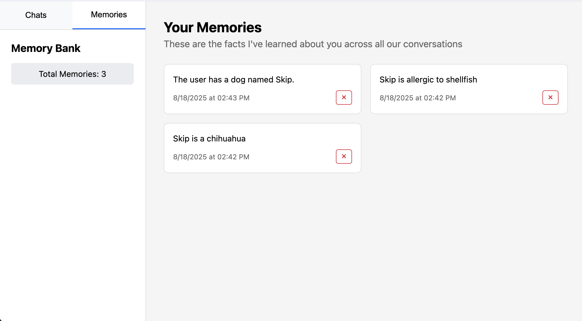 Memory management interface showing stored facts about the user